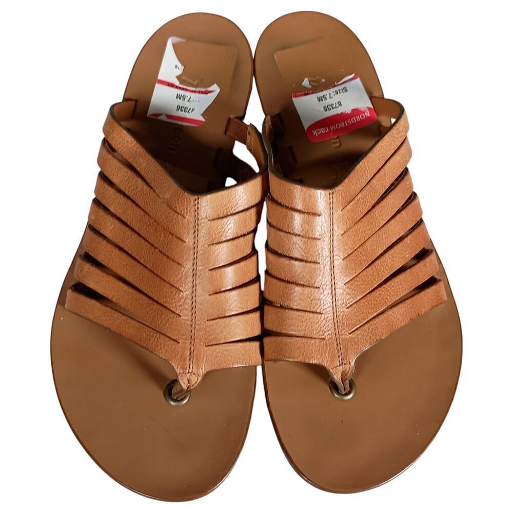 Paul Green Tan Leather Strappy Thong Sandal Low Wedge Womens 7.5 - Picture 5 of 11